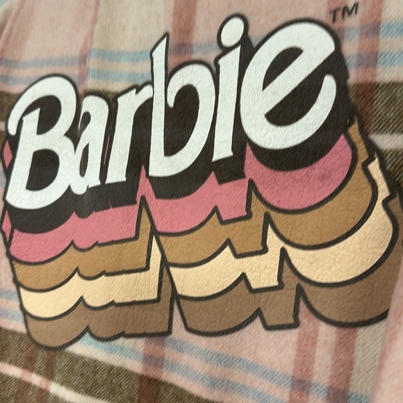 Mad Engine BARBIE Warm, Pink & Brown  Flannel Long Sleeve Button Down Shirt, M/L - Picture 8 of 10